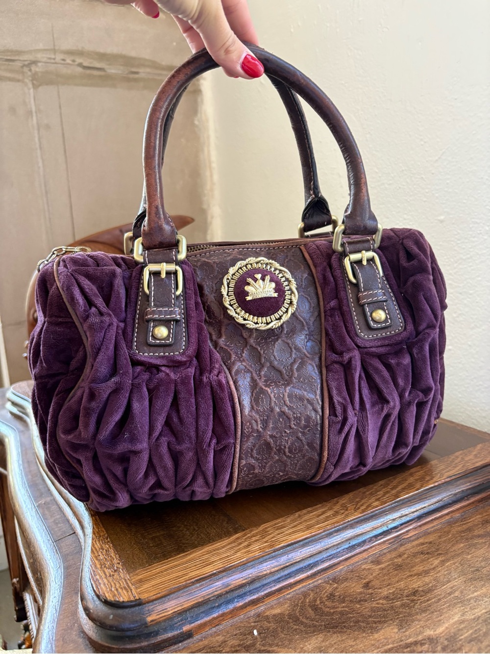 Vintage y2K juicy Couture Plush Gathered Velvet Satchel Bag in Deep Plum